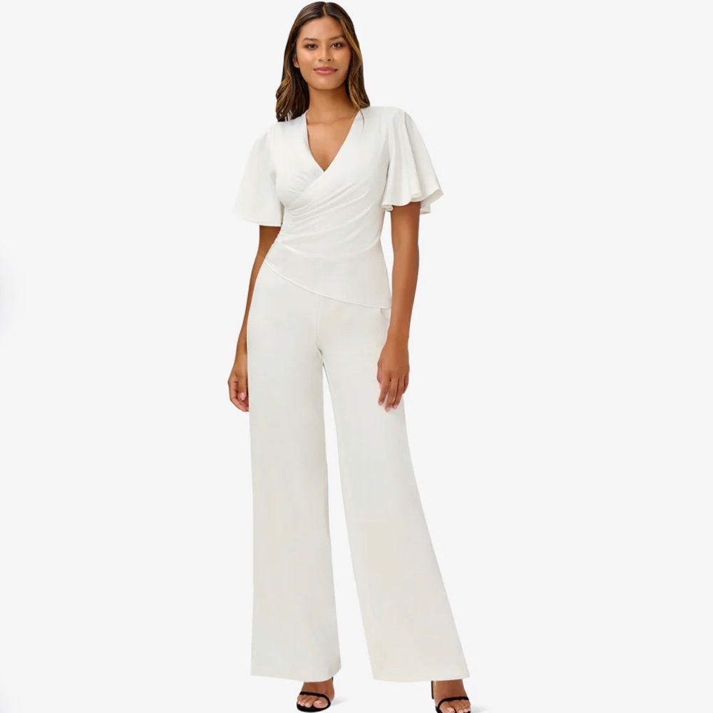 NWT Adrianna Papell Satin Crepe Faux Wrap Jumpsuit with Flutter Sleeves in Ivory
